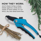 Nevlers 8" Blue Anvil Pruning Shears Heavy Duty | Hand Pruners for Gardening w/Steel Blades, Safety Lock & Ergonomic Handles | 8mm Cut Cap Plant Shears & Branch Cutter for Dead Stems & Small Branches