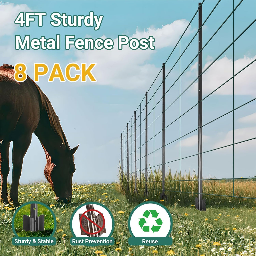 Fence Posts 4 Feet - 16 Pack, Heavy Duty Metal Fence Post, No Dig U Post for Farm, Garden, Orchard and Outdoor Wire Fencing (Black)
