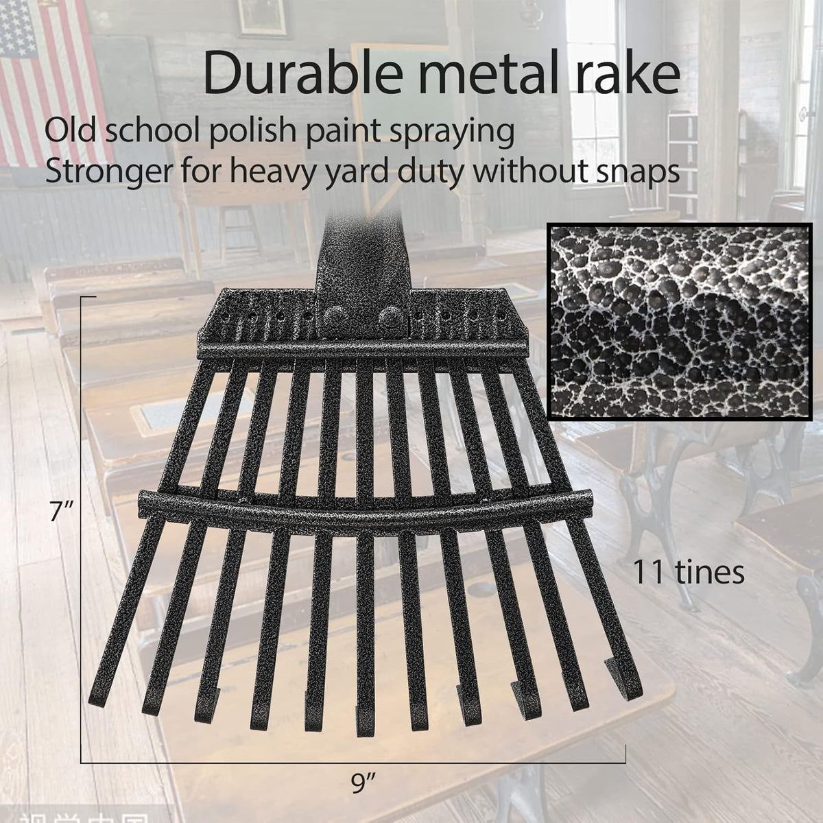 Oliynedy Adjustable Metal Garden Rake for Leaves - Long Handle 30-60", 11 Tines 9" Wide - Small Lawn Collapsible Yard Rake for Adults and Kids - Camping, Flower Beds, Mulch, Shrub