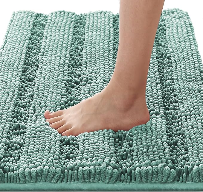 H.VERSAILTEX Bathroom Rugs Bath Rugs for Bathroom Non Slip Bath Mats Extra Thick Chenille Striped Rug 17" x 24" Absorbent Soft Shaggy Washable Dry Fast Bath Mats for Bath Room Floor - Eggshell Blue