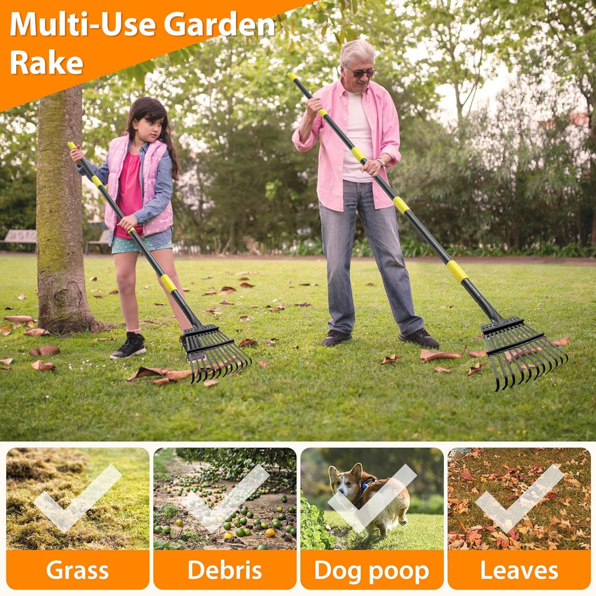 Garden Rake for Leaves, 65 inch Long Rake, 11 Tines Small Narrow Rake, Heavy Duty Metal Leaf Rakes with Adjustable Steel Handle for Lawns Yard Flower Bed Grass Mulch Shrub Camping Gardening