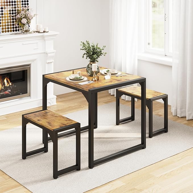 Gizoon Dining Table Set for 2, Kitchen Table Set for 2 with Steel Frame, Kitchen Table with 2 Benches for Small Space, Space Saving Design for Restaurant, Living Room, Retro