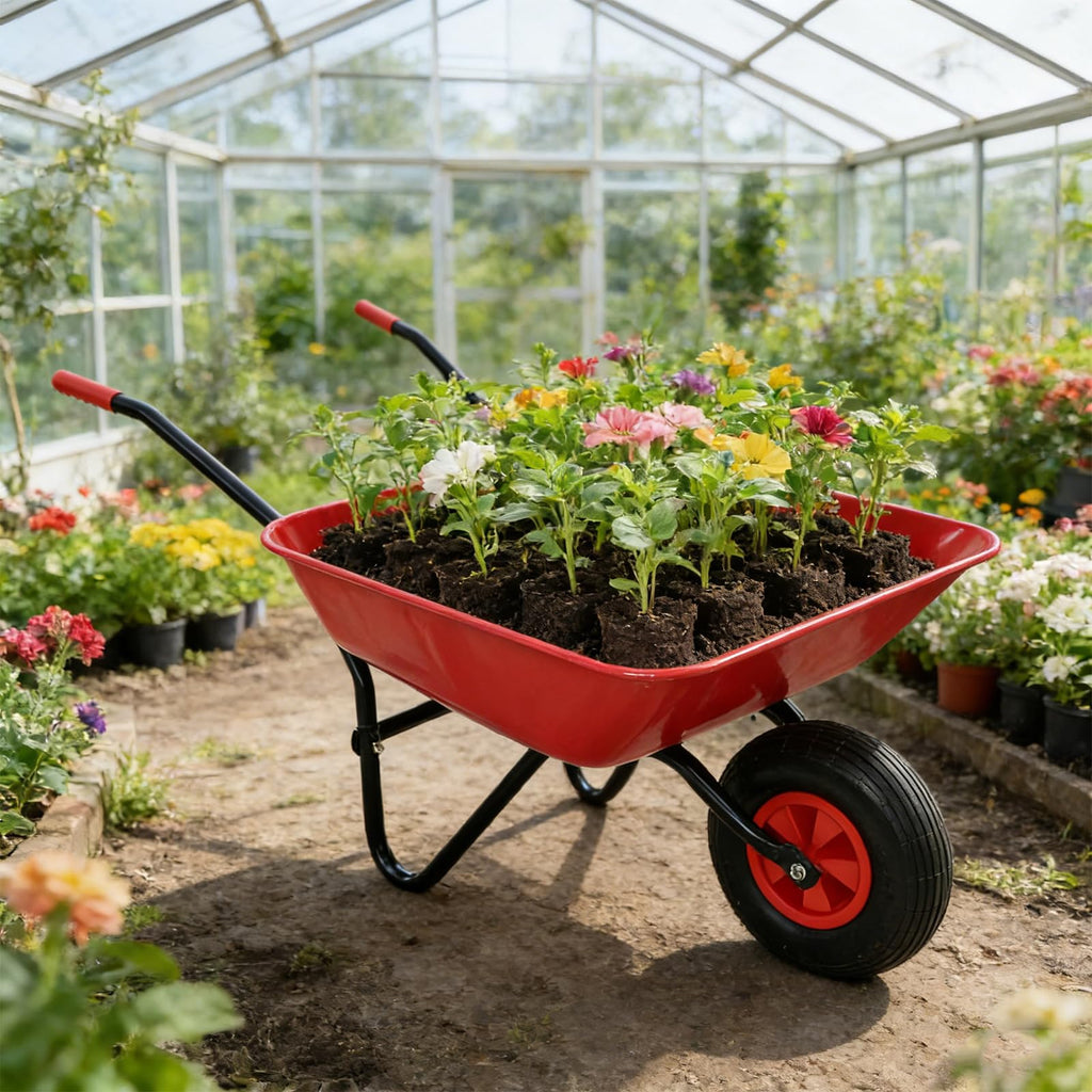 Heavy Duty Steel Tray Garden Wheelbarrow with 12" Pneumatic Single Wheel