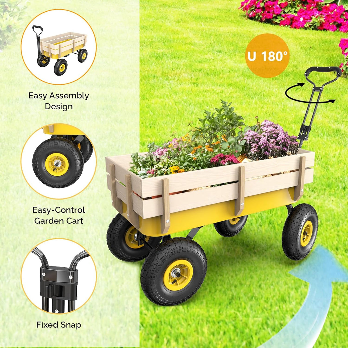 VINGLI Wagon Cart, Steel Frame and Wood Coated Railing, 330lbs All Terrain Wagon 9.2in Solid Tires for Garden and Outdoor (Yellow)