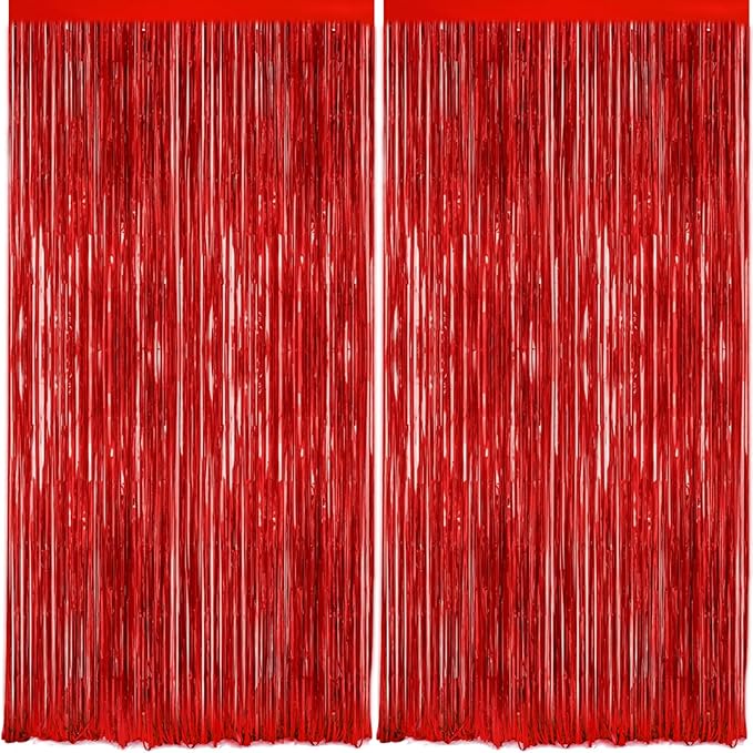 2Pack Red Foil Fringe Curtain, Glitter Red Metallic Tinsel Foil Fringe Curtains Photo Booth Backdrop for Birthday Party, Door Streamers for Wedding Bridal Shower Bachelorette Xmas Party Decorations