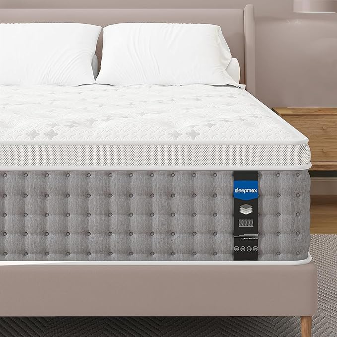 Sleepmax Full Mattress 14 Inch - Hotel-Collection Hybrid Mattress Extra Lumbar Support - Pain Relief Deep Sleep Mattress in a Box - Fiberglass-Free Bed, CertiPUR-US Certified, 365-Night Trial