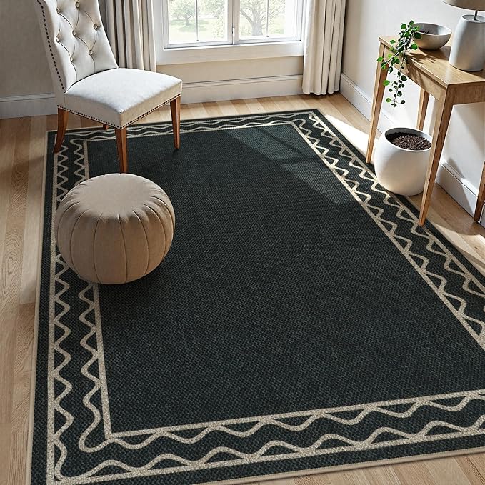 OJIA Easy Jute Washable Rugs 5x7 Outside Rug, Modern Outdoor Patio Rug for Living Room Wavy Border Indoor Outdoor Rug Farmhouse Non-Slip Black Carpet Geometric Area Rug for Backyard Dining Room