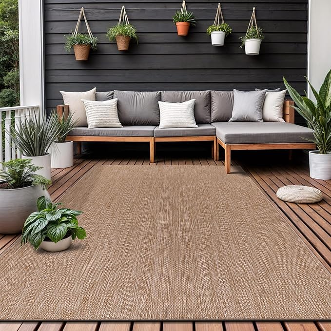 Washable Indoor Outdoor Rug 9x12 Weather Resistant Area Rugs Modern Solid Jute Rug for Porch Deck Balcony Backyard Patio Outside Carpet (9 X 12 Jute Beige)