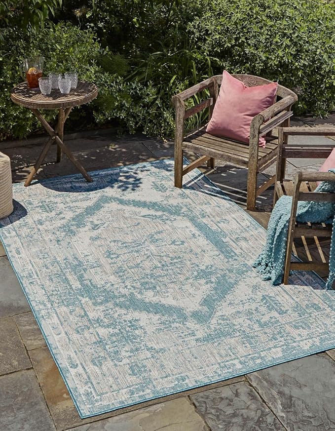 Unique Loom Outdoor Traditional Collection Area Rug - Valeria (10' x 13' 1" Rectangle, Aqua/ Ivory)