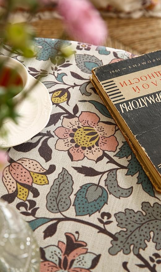 ISAENNE Designer Boho Floral Small Round Tablecloth,Linen Lotus Flower Pattern Colorful Table Cloth,Durable Decor Tablecloths for Dining Thanksgiving Kitchen Christmas,Diameter 55"-Hazel A