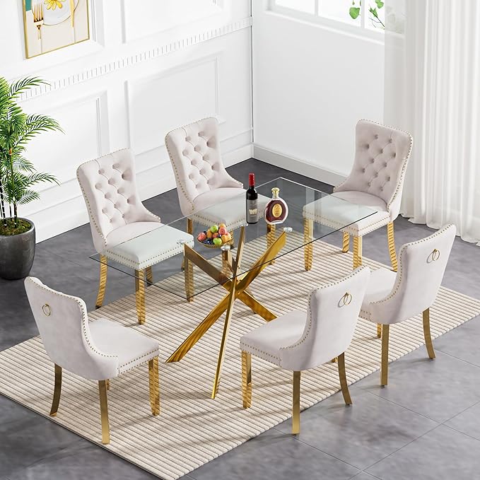 51.18" Glass Dining Table for 4-6, Dining Room Table with Clear Tempered Glass and Gold Metal Legs, Modern Rectangular Kitchen and Dining Room Dinner Table for Kitchen