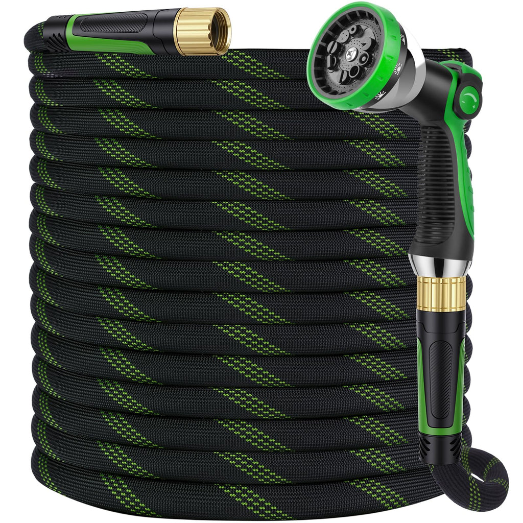 HORTICORA Garden Hose 100 ft, Non-Expandable Ultra-Lightweight Flexible Hose with 360° Dual-End Anti-Kink Design, 10-Pattern Spray Nozzle, 500 PSI Leak-Proof, 96-Strand Braided Fabric, Storage Strap