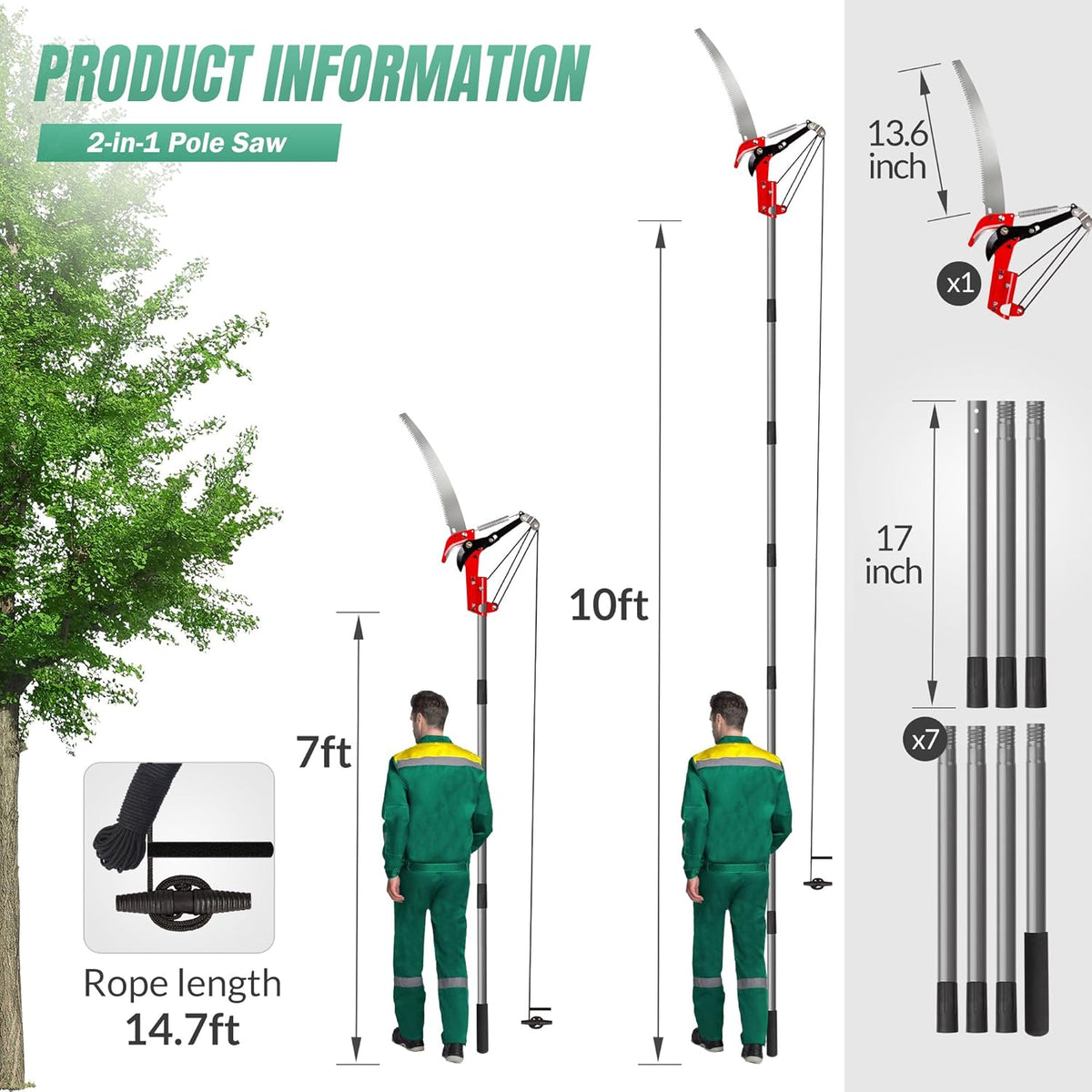 Suchtale 10ft Pole Saw, Manual Tree Pruner with Sharp Steel Blade, Trimmer with Scissors and High Strength Lightweight Handles for Pruning High Branches, Shrubs and Twigs at Forest Yard Garden Patios