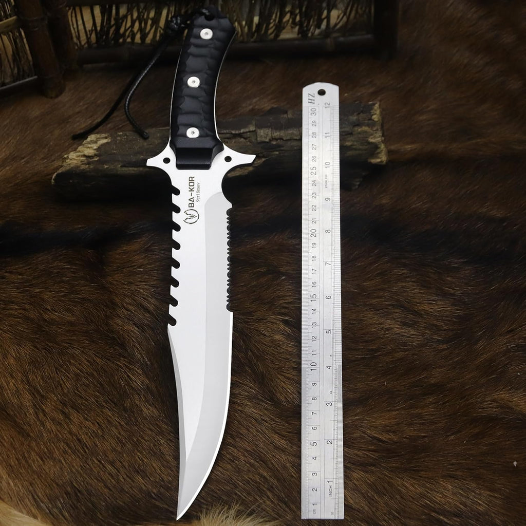 BA-KOR (15.8 inches) 5mm full Tang 9CR18MOV steel nylon fiber handle Bowie knife + sheath + (5.9 inches) cerium element striker, suitable for outdoor hunting, camping, survival, and daily carry of tools. (Sanding I (Half Teeth))