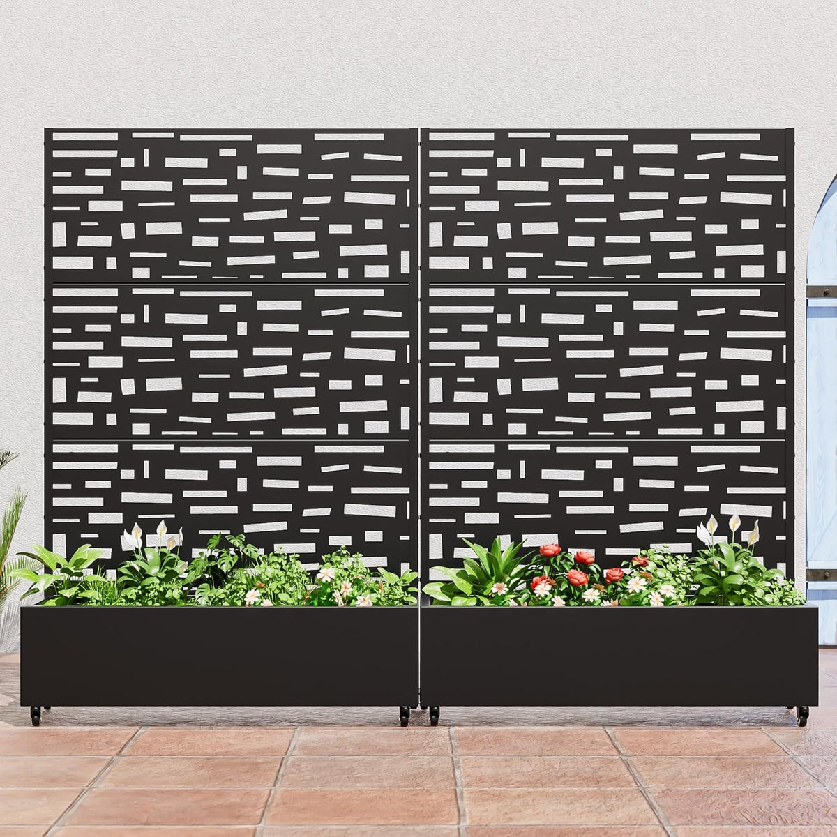 Casaphoria Metal Raised Garden Bed with Trellis and Wheels, 72"x47"x16" Planter Box for Climbing Plants, Vegetables & Vines, Features Drainage Holes and Privacy Screen (Black-Gerald)