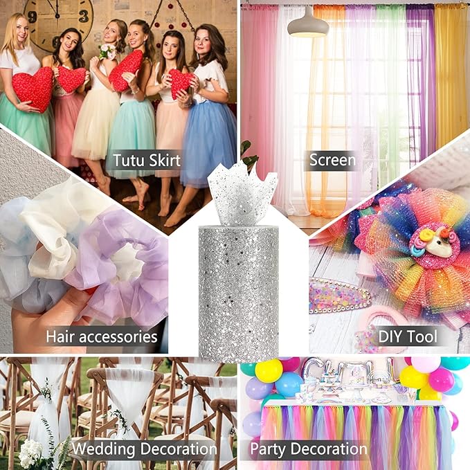 Glitter Tulle Rolls, 6” by 50 Yards (150FT) Sparkling Tulle Spool Ribbon Sequin Tulle Netting Fabric for Tutu Skirt Wedding Birthday Baby Shower (Silver)