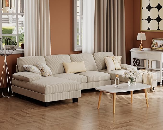 Furmax Sectional Couches for Living Room, U-Shaped Sofa Couch with Linen Fabric, 4 Seat Sofa Set with Double Chaise for Apartment (Corduroy, Beige)