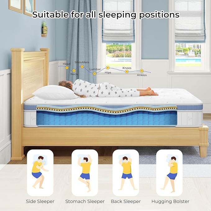 Yaak Twin Mattress 8 Inch, Hybrid Mattress in a Box Twin Size, Individual Pocket Spring Single Bed Mattress with Breathable Memory Foam, Pressure Relief, Medium Firm Twin Size Mattress 75"x39"x8"