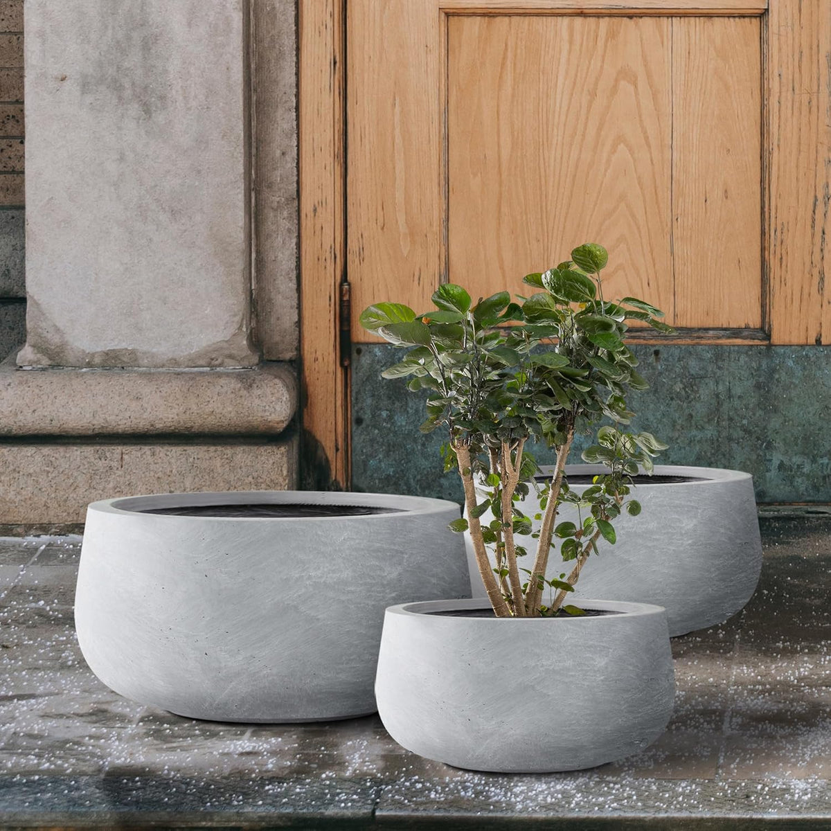 Kante 19.6",15.7",11.8" Dia Round Concrete Planters Set of 3, Cement Plant Pots with Drainage Hole and Rubber Plug for Outdoor Indoor Garden Home, Modern Curvaceous Design, Gray