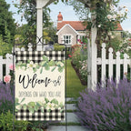 Artofy Welcome-ish Depends on Who You Are Large Decorative House Flag, Funny Family Buffalo Plaid Botanical Yard Garden Outside Decor, Humorous Burlap Outdoor Home Decoration Double Sided 28 x 40