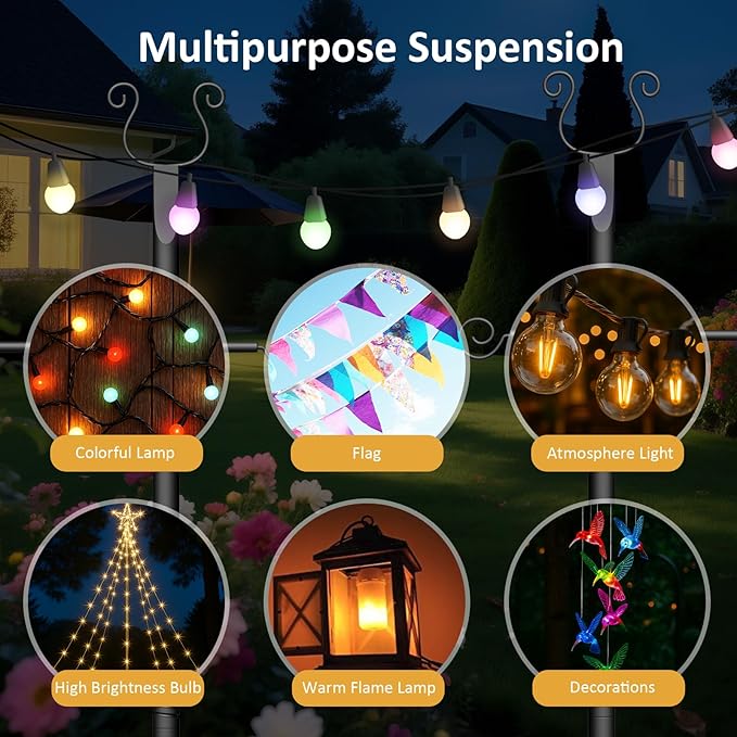 4 Pack String Light Poles 10 Ft - Patio Adjustable Stand with Fork, Backyard Heavy Metal Lighting Posts for Outside Deck Wedding Garden Party