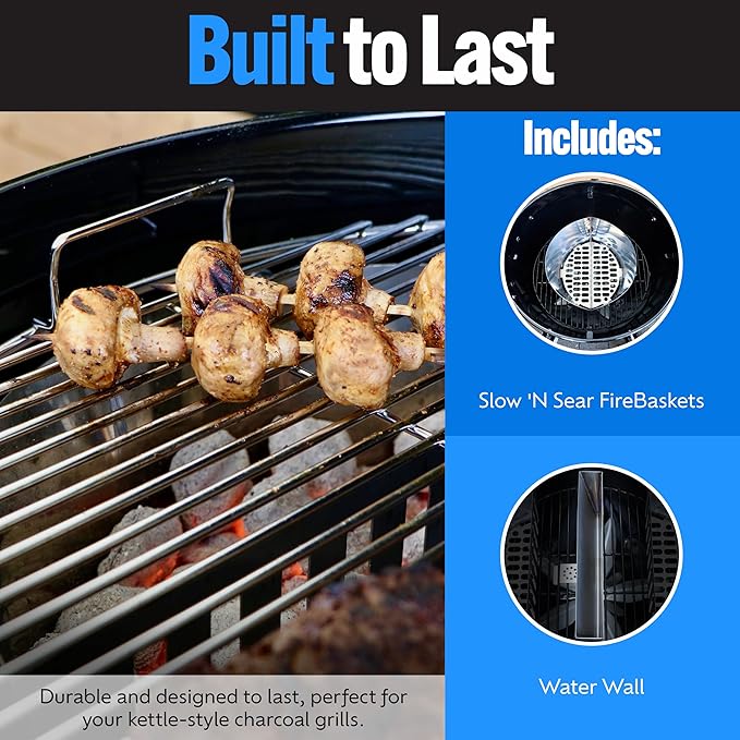 SnS Grills Slow ‘N Sear Charcoal Fire Baskets with Water Pan - Large Capacity Heavy Duty Stainless Steel Outdoor Grill Basket, Kettle Grill Accessory - Compatible with Weber and other Kettles