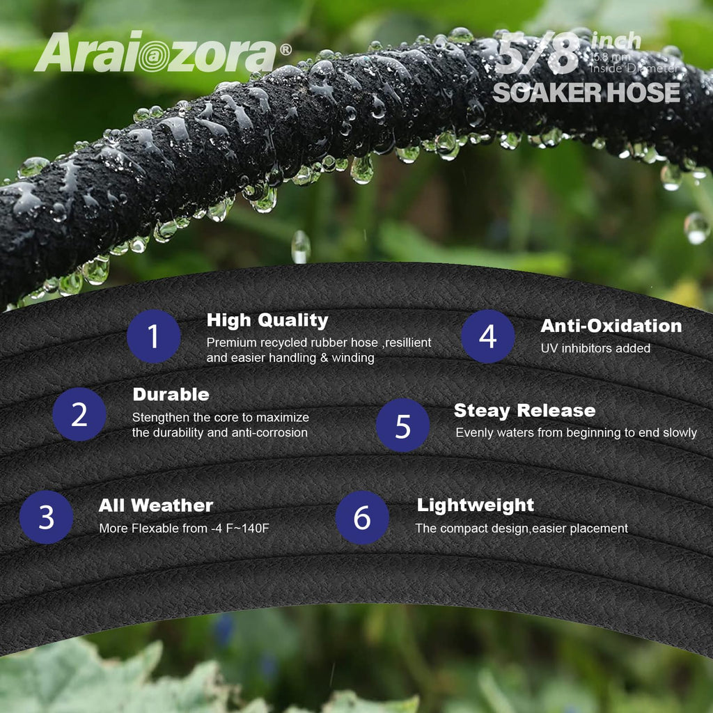 Araiozora Soaker Hose 100FT 5/8 Inch, Heavy Duty Leakproof Drip Irrigation Hose for Deep Watering Large Flower Beds, Estates & Landscaping