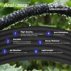 Araiozora Soaker Hose 100FT 5/8 Inch, Heavy Duty Leakproof Drip Irrigation Hose for Deep Watering Large Flower Beds, Estates & Landscaping