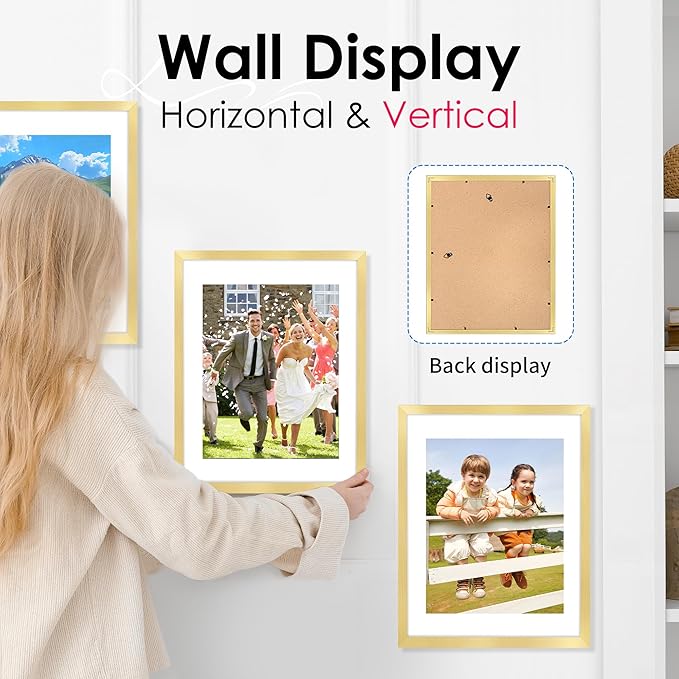 FIXSMITH 11x14 Picture Frame Bulk-6 Pack, Photo Frame with HD Plexiglass, Display Pictures 8x10 with Mat or 11x14 Without Mat, Gold Picture Frames Collage Wall Decor
