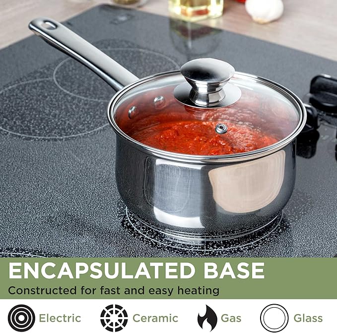 Ecolution Stainless Steel Sauce Pan, Encapsulated Induction Ready Cooking Pot with Glass Lid, Oven Safe, Dishwasher Safe Soup Pot, 2-Quart
