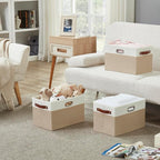 Large Collapsible Fabric Storage Bins with 3 Handles, Foldable Organizer Baskets for Closet, Shelves, Living Room | 3 Pack, Durable PU & Metal Handles (14.9"x9.8"x9.8", Beige & White)