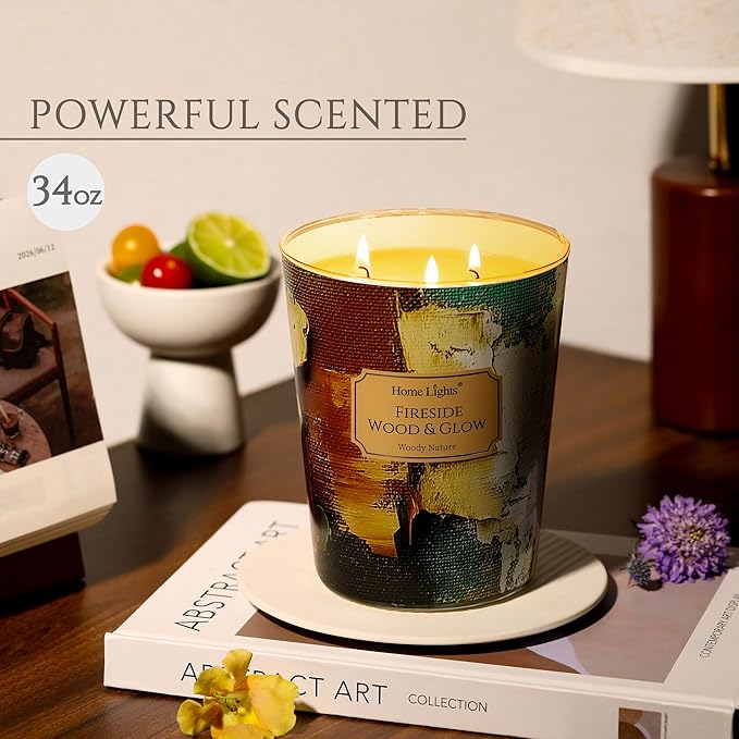 HomeLights 3-Wick Candles for Home Scented - 34oz Soy Wax Blend Candle Long-Lasting Fragrance, Industrial Chic Home Decor and Housewarming Gifts, Fireside Wood & Glow