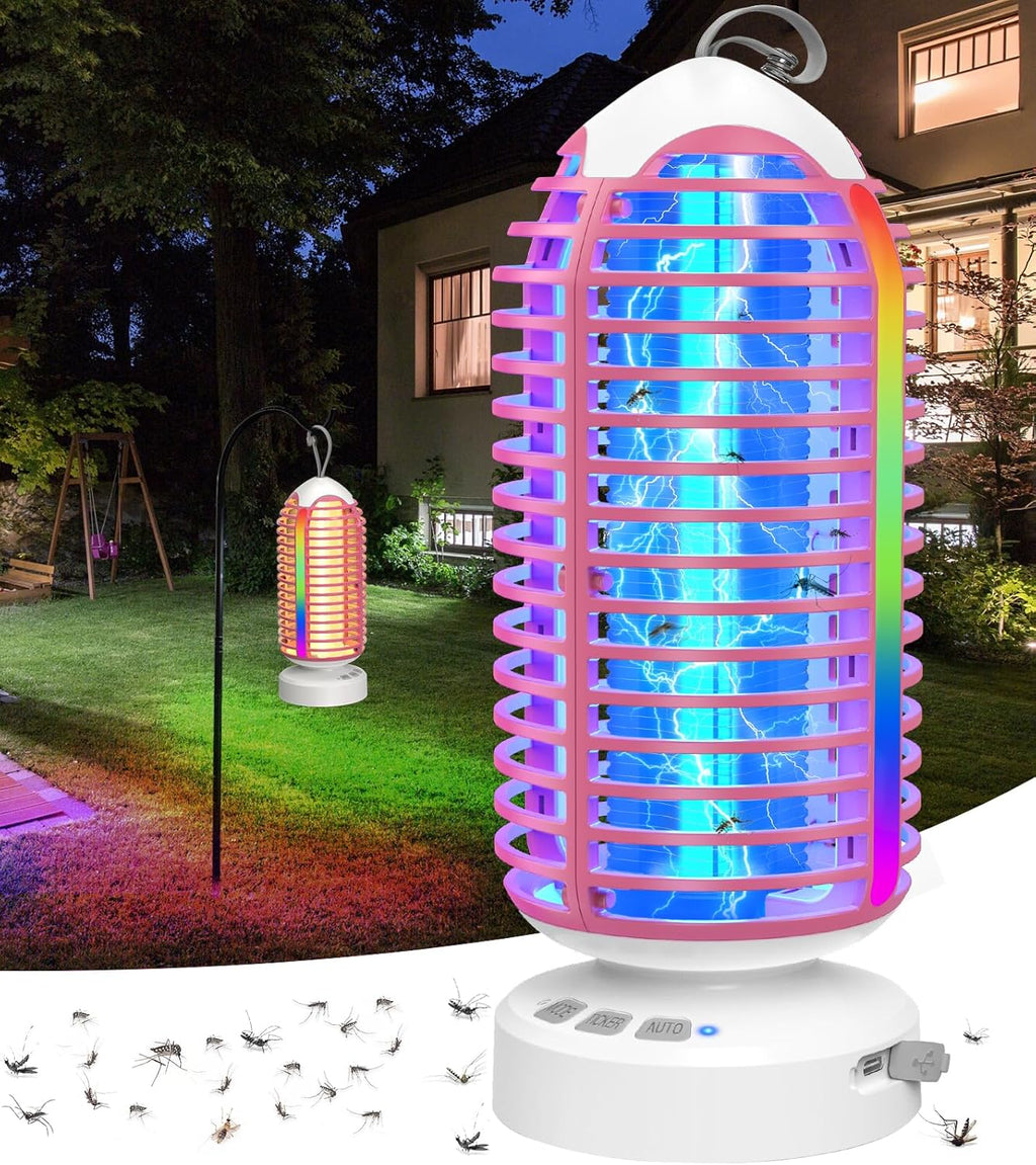 Bug Zapper Outdoor with Colorful Lighting and Auto-Sensing, 3 in 1 Cordless 4000mAh Battery Electric Fly Trap, Rechargeable Mosquito Zapper for Camping, Patios, Garden, Kitchen (2Pack-Pink)