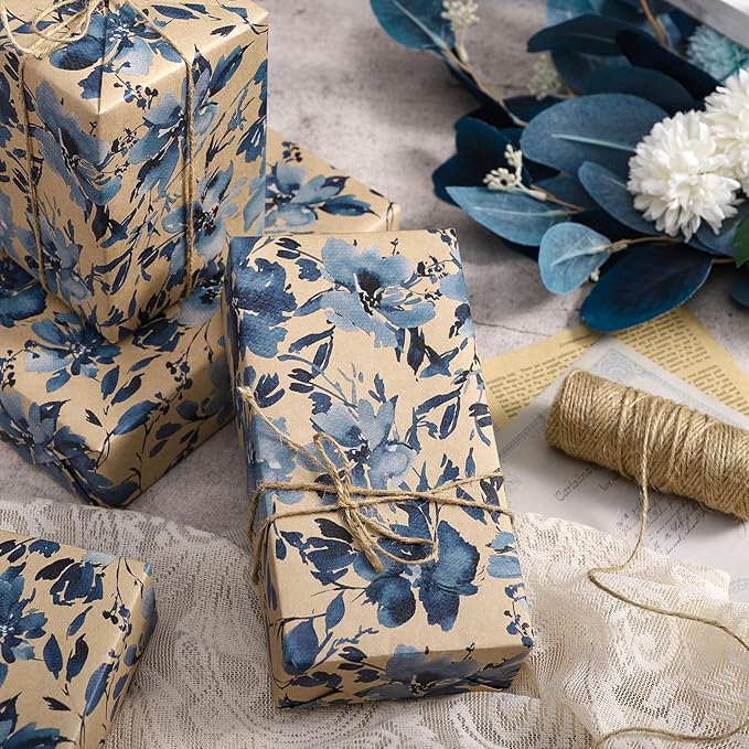 RUSPEPA Blue Floral Wrapping Paper Roll, 17 in x 16.4 ft, Mini Roll, Indigo Gift Wrap, Watercolor Flower Kraft Wrapping Paper Roll for Girls, Women, Spring, Wedding and Birthday