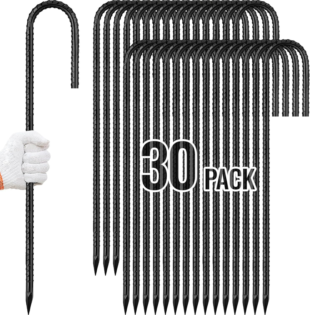 Rebar Stakes 12 Inch, Ground Stakes Heavy Duty J-Hook Black Coated Anti-Rust Heavy Duty Ground Anchors for Garden Dog Fence Chicken Coop Christmas Decorations Deer Fence 30pcs