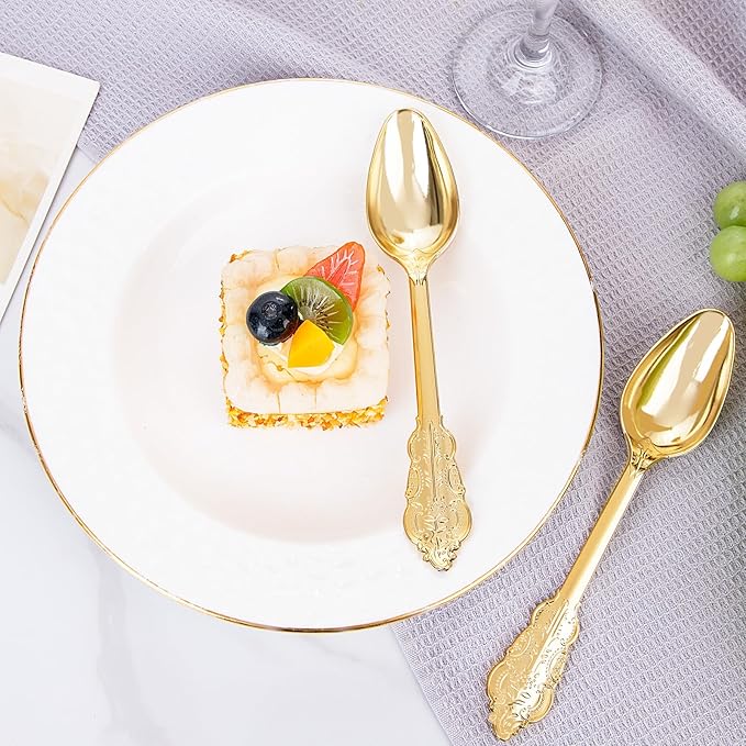 WDF 100 Piece Gold Plastic Spoons Disposable - 6.93 Inch Baroque Gold Spoons Plastic Silverware for Dessert Cake - Heavy Duty for Thanksgiving Party, Wedding or Daily Using