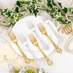 30PCS Gold Plastic Forks - 8.1inch Gold Forks Disposable - Vintage Heavy Duty Dessert Forks - Premium Fancy Plastic Silverware for Parties, Weddings, Dinners and Events