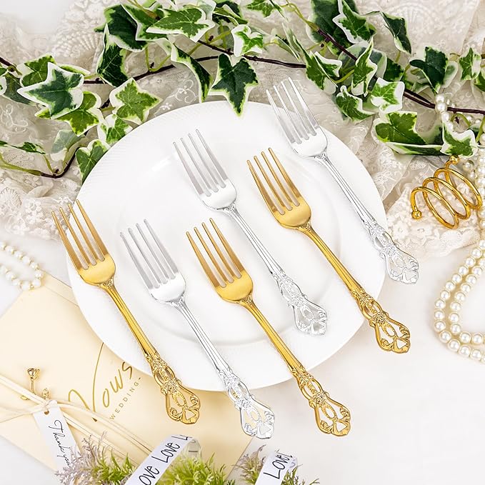 75PCS Silver Plastic Forks - 8.1inch Silver Forks Disposable - Vintage Heavy Duty Dessert Forks - Premium Fancy Plastic Silverware for Parties, Weddings, Dinners and Events