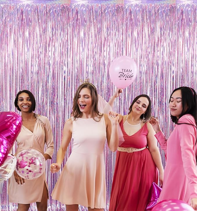 GOER 3.2 ft x 8.2 ft Metallic Tinsel Foil Fringe Curtains Party Photo Backdrop Party Streamers for Birthday,Graduation,New Year Eve Decorations Wedding Decor(4 Packs,Laser Pink)