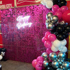 Qcity Hot Pink Shimmer Wall Backdrop 24PCS, Black Back Not See-Through Design, Square Sequin Glitter Backdrop Panel, Perfect for Outdoor Events, Birthdays, Wedding and Party Decoration