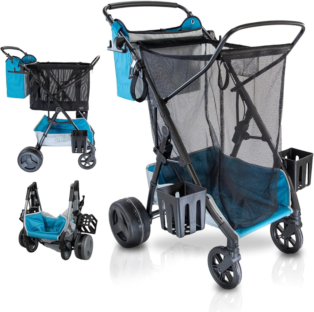Strolee Large Wheeled Collapsible Beach Cart for Soft Sand, Shopping, Camping & Garden- Lightweight Aluminum Frame- Removable Storage Bag with Carrying Straps, X-L Capacity & Cooler Rack (Blue)