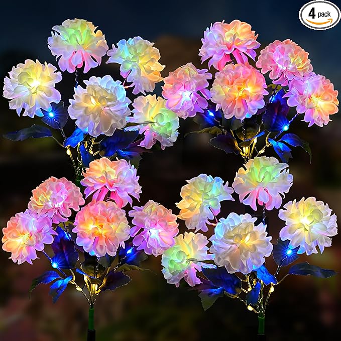 4 Pack Solar Garden Lights Outdoor, LED Colorful Waterproof Solar Powered Hydrangea Flowers Landscape Lights for Patio, Outside Yard, Pathway Decorative, Décor, Two Lighting Modes