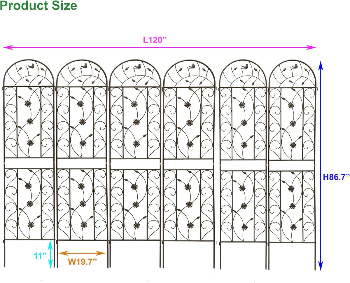 6 Pack Metal Garden Trellis 86.7" Tall Outdoor Climbing Plant Support for Roses, Flowers, Rustproof Durable Black Galvanized Tube, Lawn Garden Fence Decor Screen (6, Brown-86.7" H)