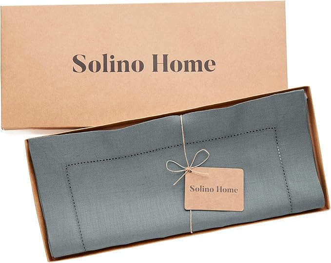 Solino Home Linen Hemstitch Table Runner 36 Inches - 100% Pure Linen Dark Grey Table Runner 14 x 36 Inch Ideal for Dresser and Coffee Tables - Classic Hemstitch - Thanksgiving