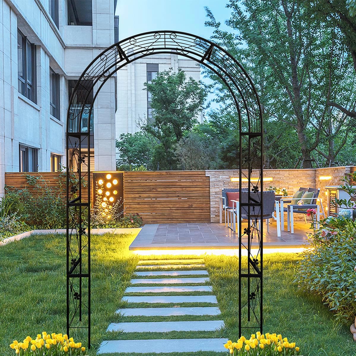 Metal Garden Arch, Garden Arch Trellis for Climbing Plants Outdoor, Garden Arbor for Weddings Party Events Decoration, 58" L X 19" W X 98.4" H, Black