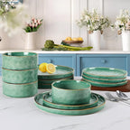 LIANYU 16 Piece Dinnerware Sets with Double Bowls, Plates and Bowls Dish Set for 4, Ceramic Dinner Ware Dishware for Kitchen Dining, Microwave & Dishwasher Safe, Emerald Green
