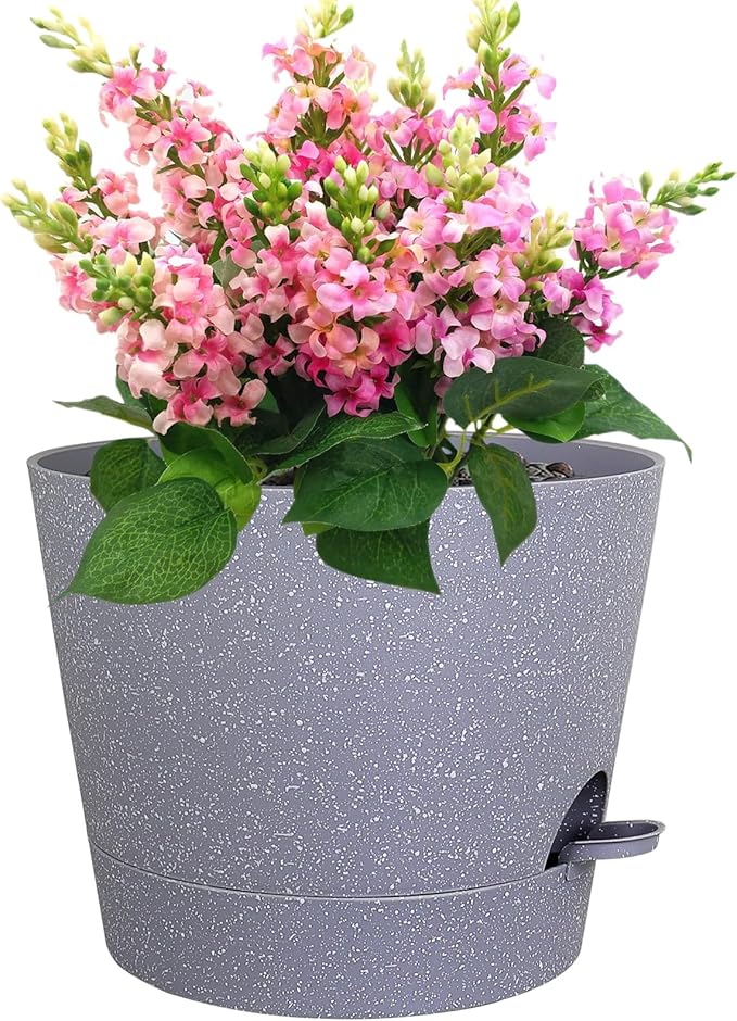 12 inch Large Self Watering Pots for Indoor Outdoor Plants, Plant Pots with Mesh Drainage Holes for Garden House Plants, Plastic Planters with Reservoir for Flower, Speckled Grey