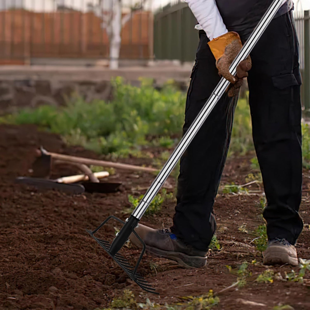 15 Inch Wide Bow Rake, 16 Steel Tines Metal Head Rake Tool with Stainless Steel Handle, Adjustable Long Handle Garden Rake for Loosening Soil Leveling Mulch Gathering Lawns Leaves