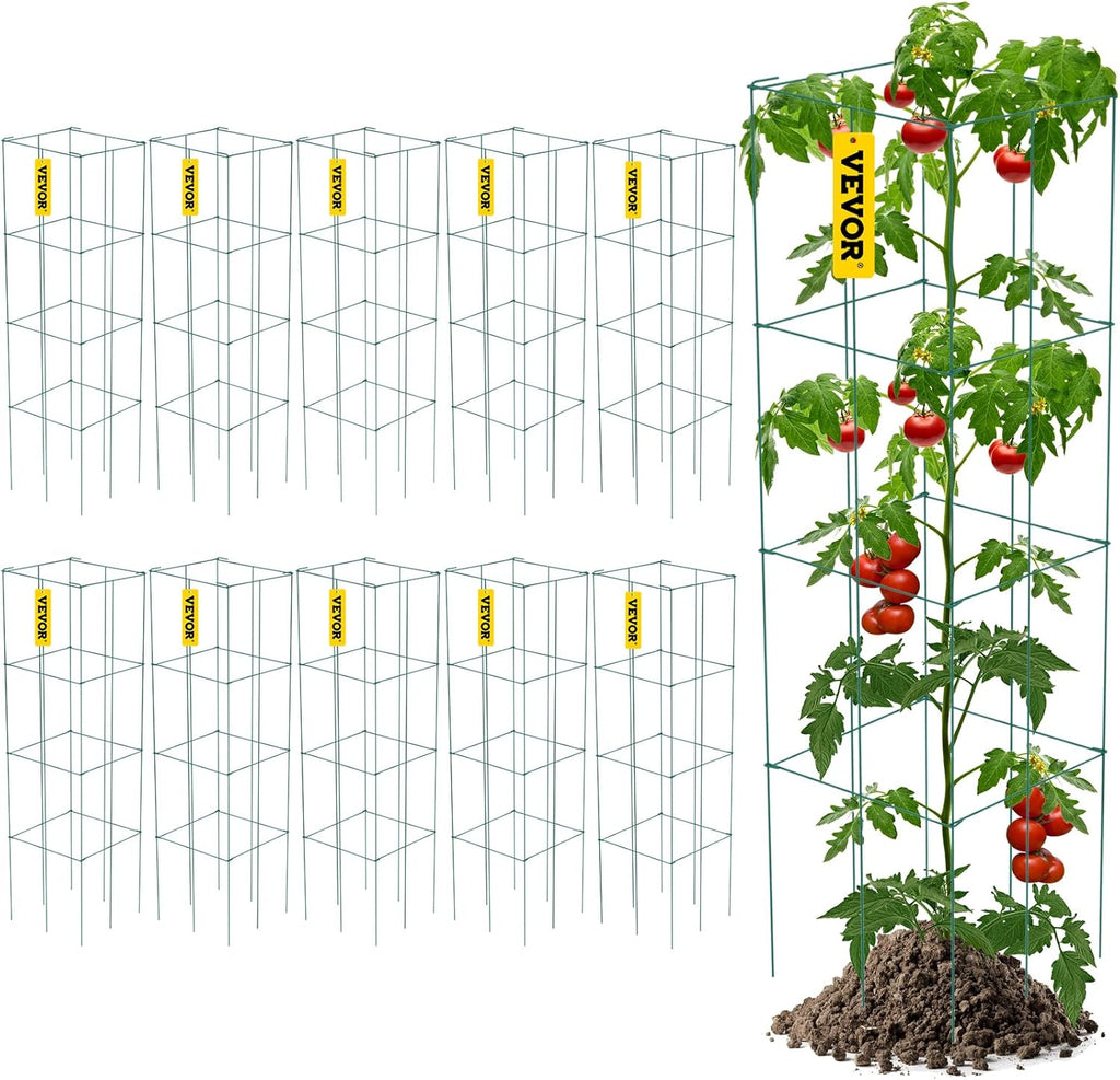 VEVOR Tomato Cages, 11.8" x 11.8" x 46.1", 10 Packs Square Plant Support Cages, Green PVC-Coated Steel Tomato Towers for Climbing Vegetables, Plants, Flowers, Fruits