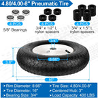 4.80/4.00-8" Wheelbarrow Tubed Tires and Wheels, 16" Universal Fit Pneumatic Tires with 3/4" or 5/8" Bearing, 3"-7" Hub, Adapter Kit Hand Truck Wheels Replacement for Garden Trailer, Wagons, 2 PCS